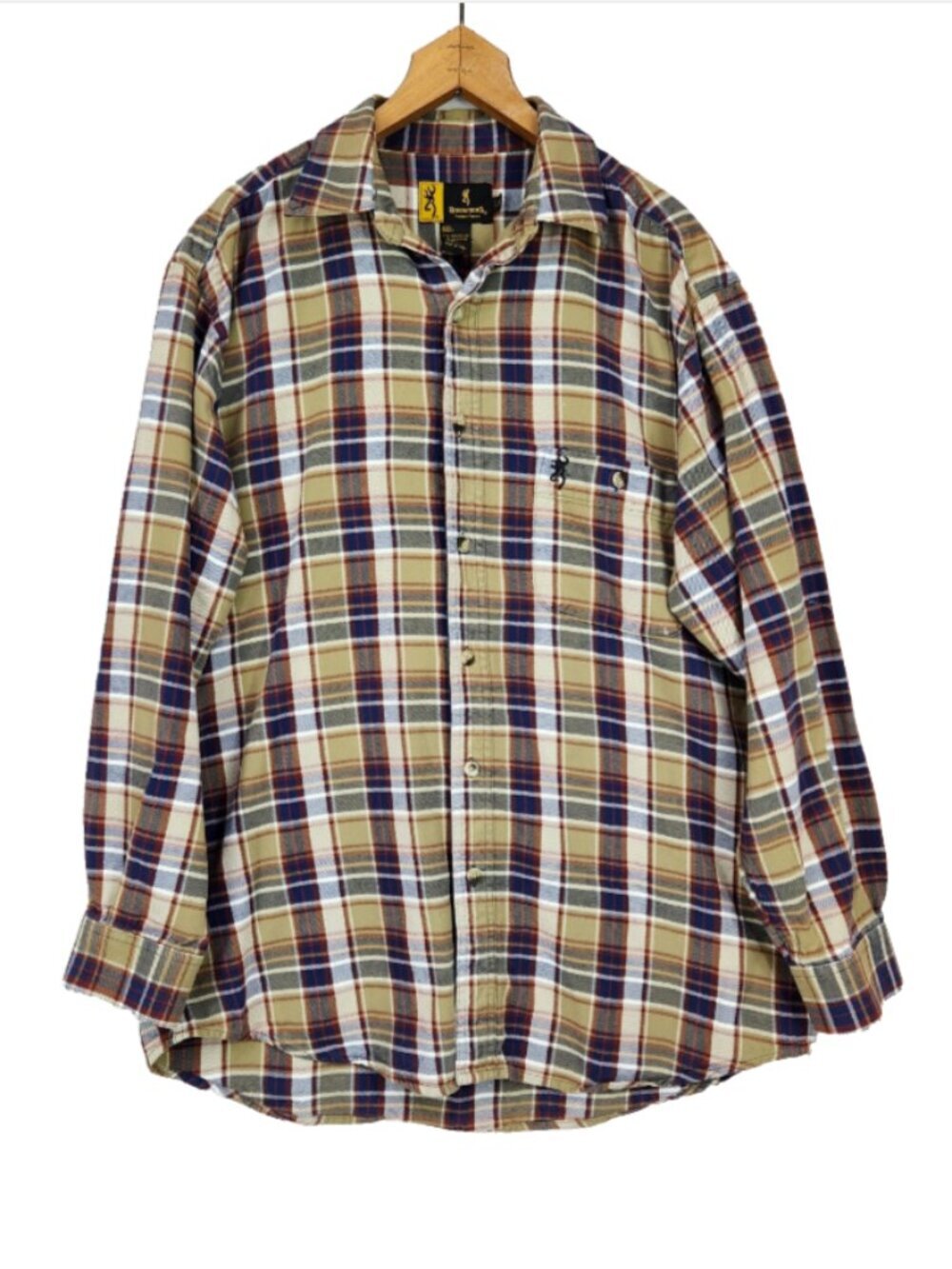 Browning Button Up Flannel Shirt Men's L Long Sleeve Blue Brown Plaid Outdoor